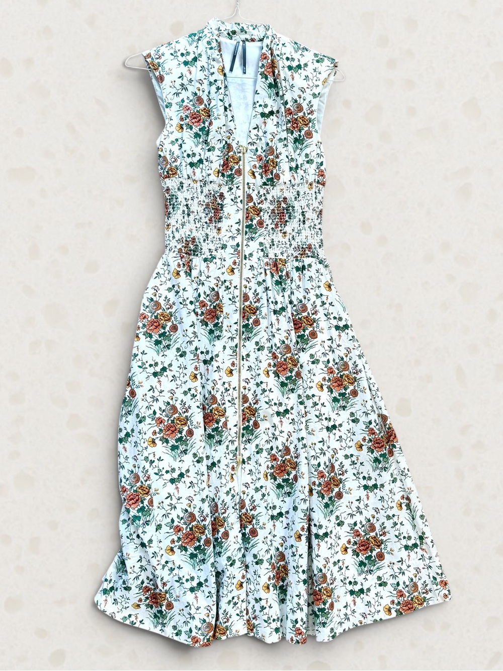 Anthropologie White Floral Zip-Front Midi Dress with Orange & Green Print